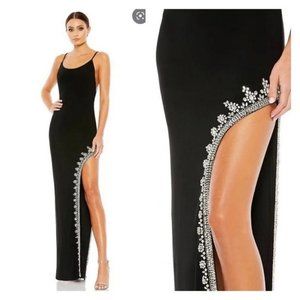 Mac Duggal Black Rhinestone Encrusted Side Slit Cami Body Con Gown